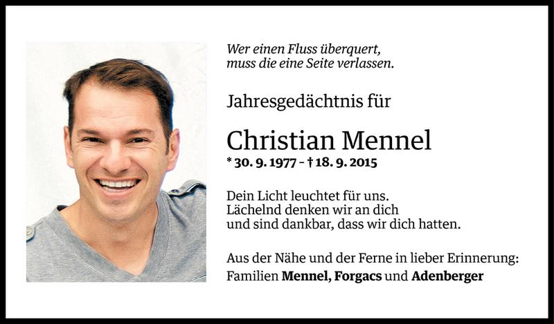  Todesanzeige für Christian Mennel­ vom 16.09.2016 aus Vorarlberger Nachrichten