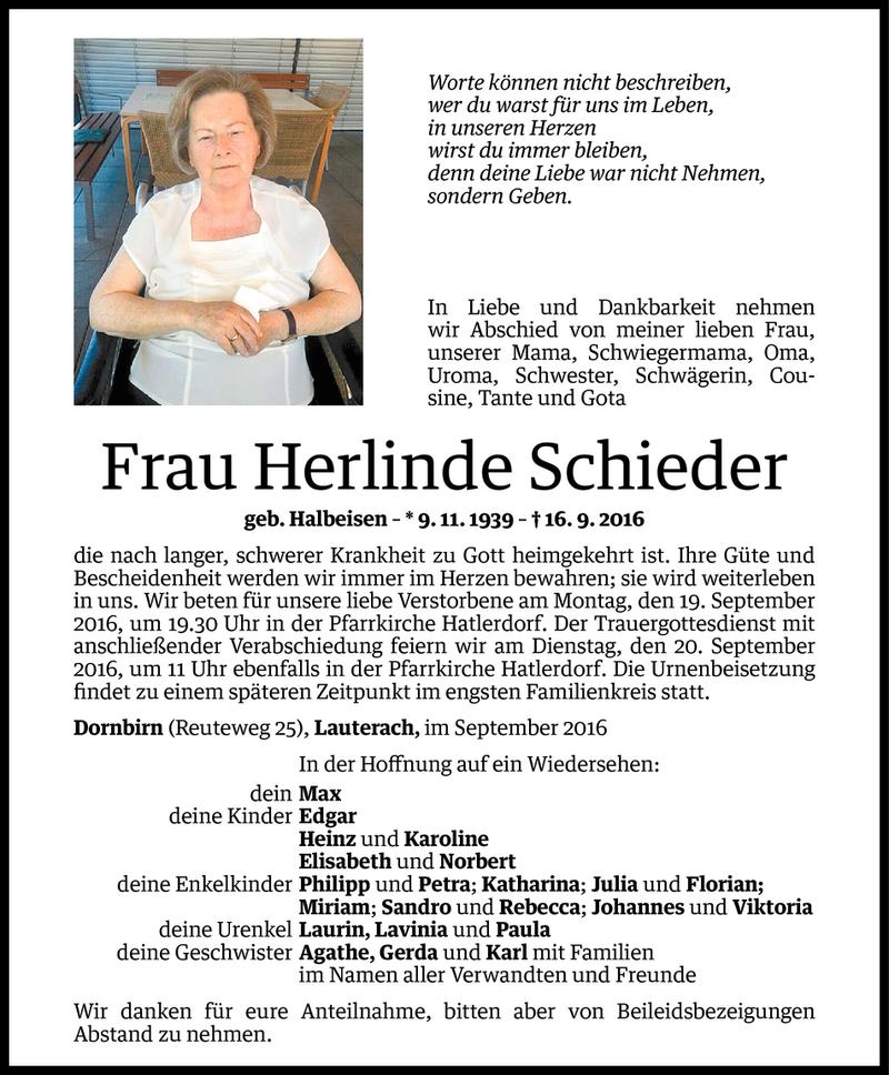  Todesanzeige für Herlinde Schieder vom 16.09.2016 aus Vorarlberger Nachrichten