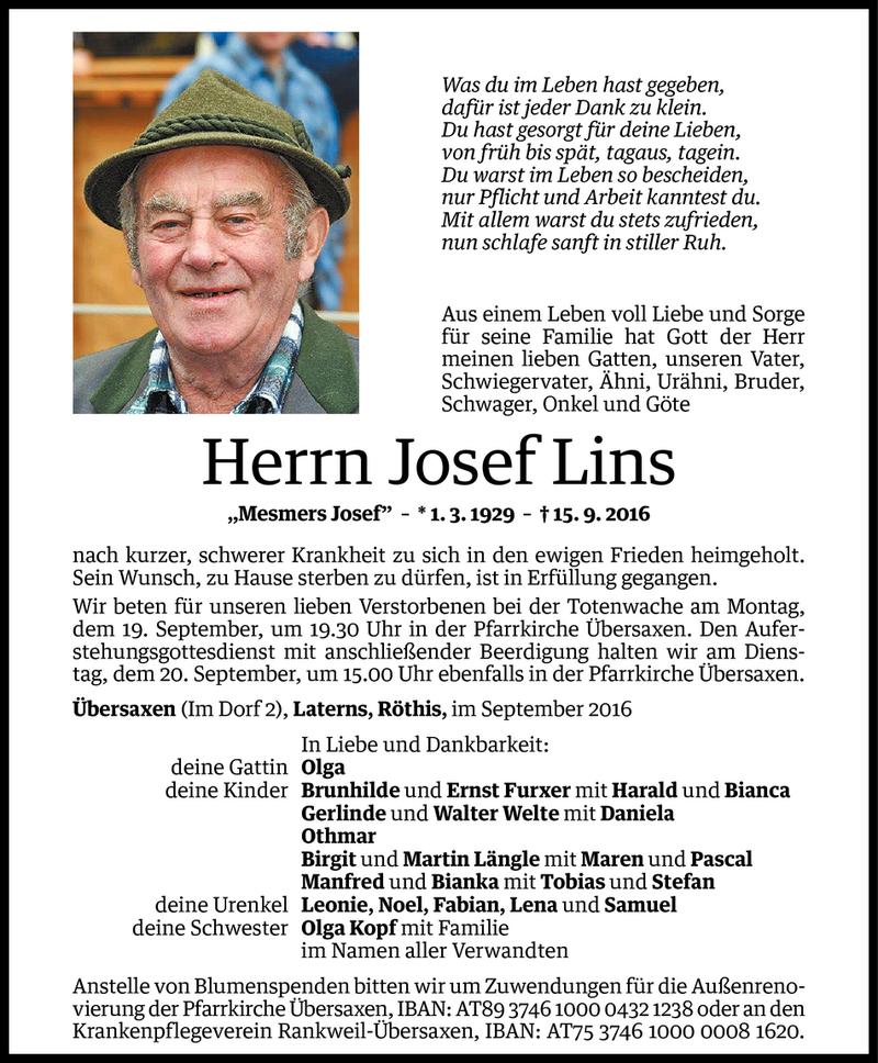  Todesanzeige für Josef Lins vom 17.09.2016 aus Vorarlberger Nachrichten