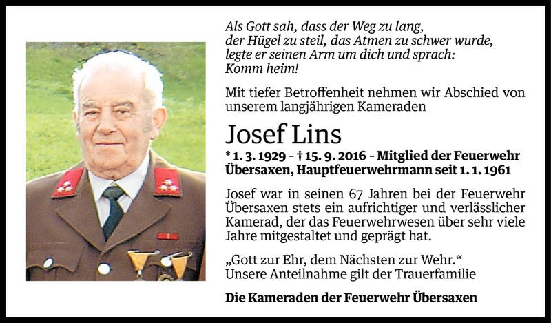  Todesanzeige für Josef Lins vom 17.09.2016 aus Vorarlberger Nachrichten