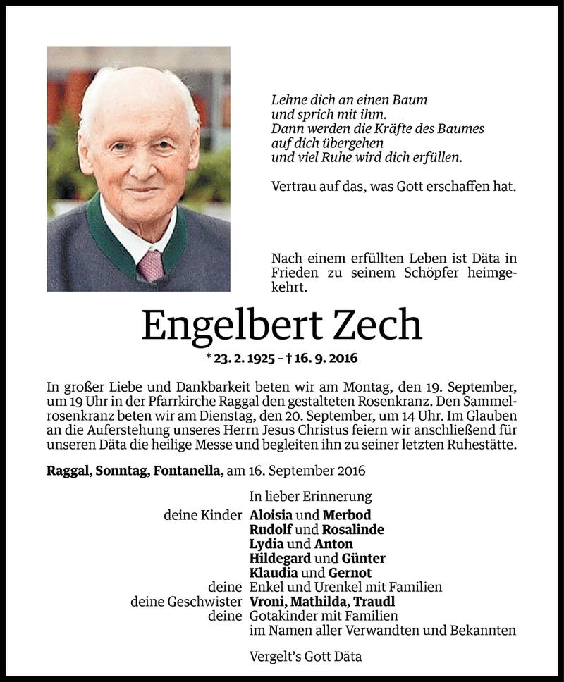  Todesanzeige für Engelbert Zech vom 16.09.2016 aus Vorarlberger Nachrichten