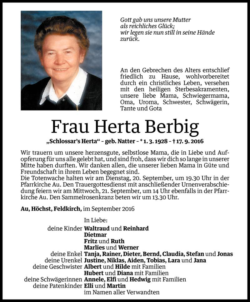  Todesanzeige für Herta Berbig vom 18.09.2016 aus Vorarlberger Nachrichten