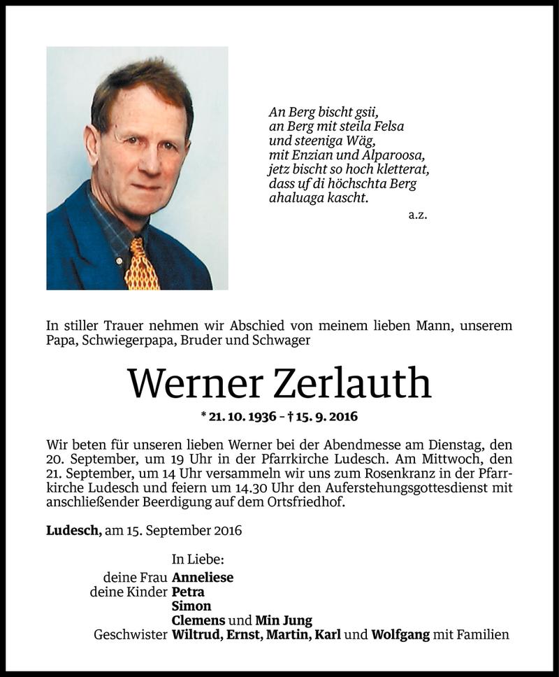  Todesanzeige für Werner Zerlauth vom 18.09.2016 aus Vorarlberger Nachrichten