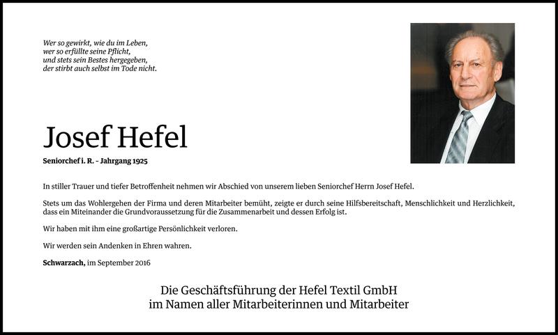  Todesanzeige für Josef Hefel vom 20.09.2016 aus Vorarlberger Nachrichten