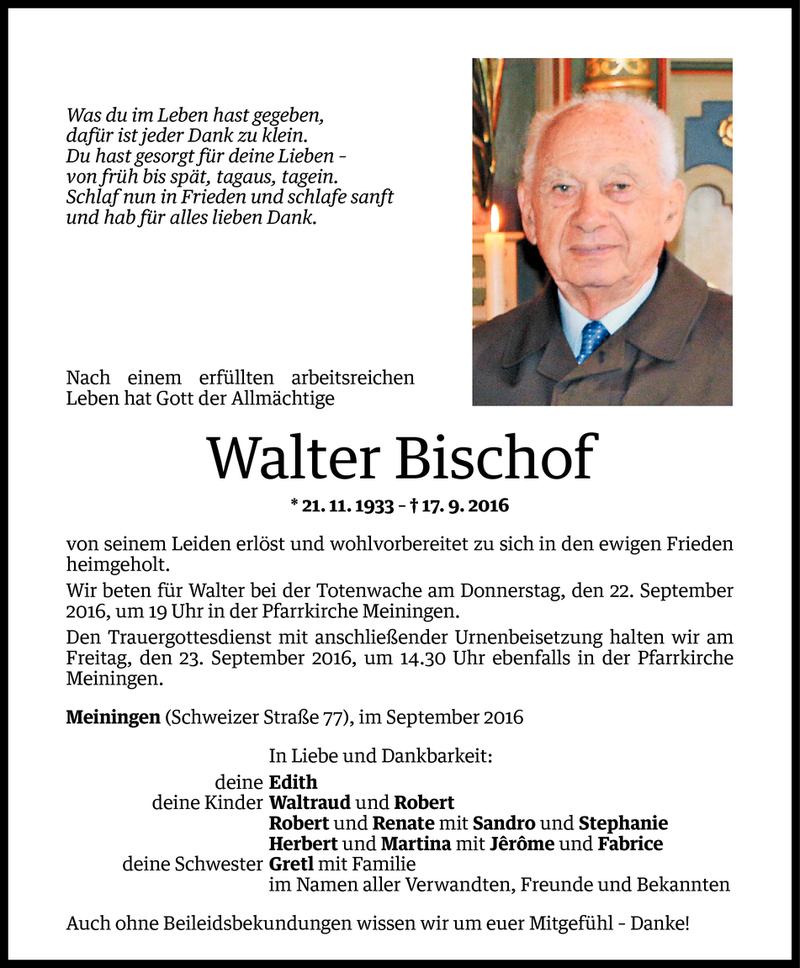  Todesanzeige für Walter Bischof vom 20.09.2016 aus Vorarlberger Nachrichten