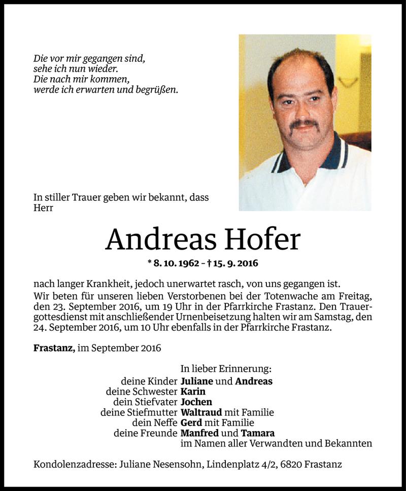  Todesanzeige für Andreas Hofer vom 20.09.2016 aus Vorarlberger Nachrichten