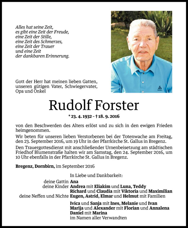  Todesanzeige für Rudolf Forster vom 20.09.2016 aus Vorarlberger Nachrichten