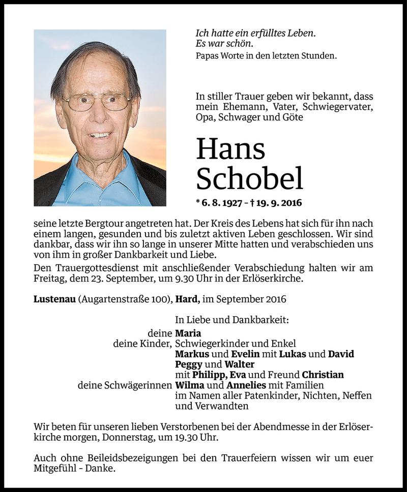  Todesanzeige für Hans Schobel vom 20.09.2016 aus Vorarlberger Nachrichten