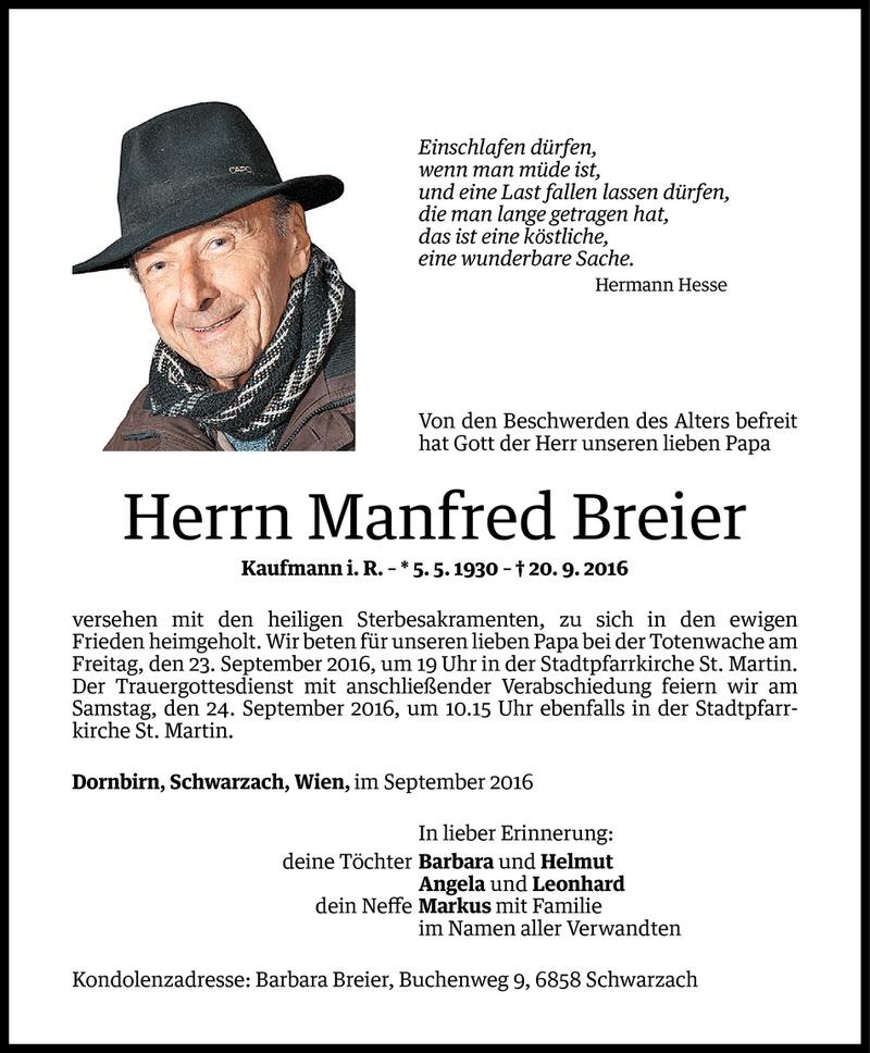  Todesanzeige für Manfred Breier vom 20.09.2016 aus Vorarlberger Nachrichten