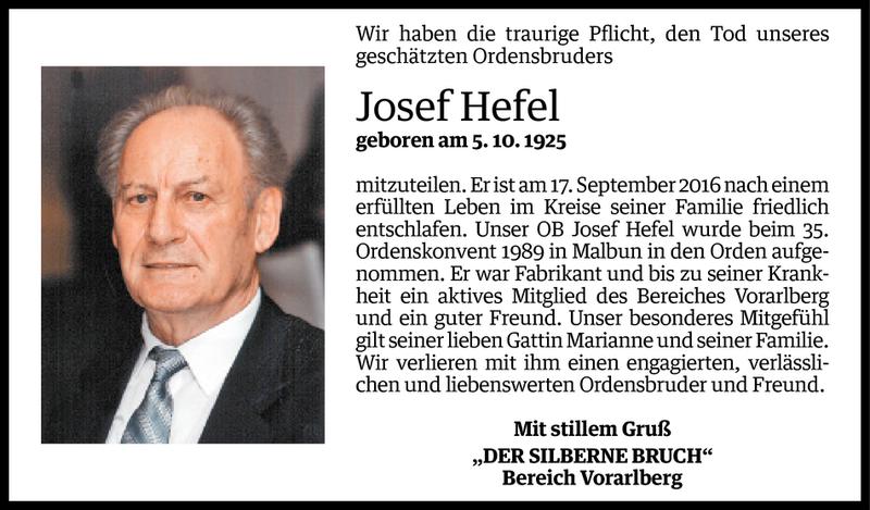  Todesanzeige für Josef Hefel vom 20.09.2016 aus Vorarlberger Nachrichten