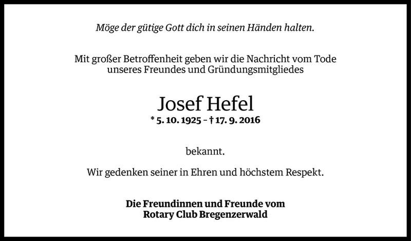  Todesanzeige für Josef Hefel vom 21.09.2016 aus Vorarlberger Nachrichten