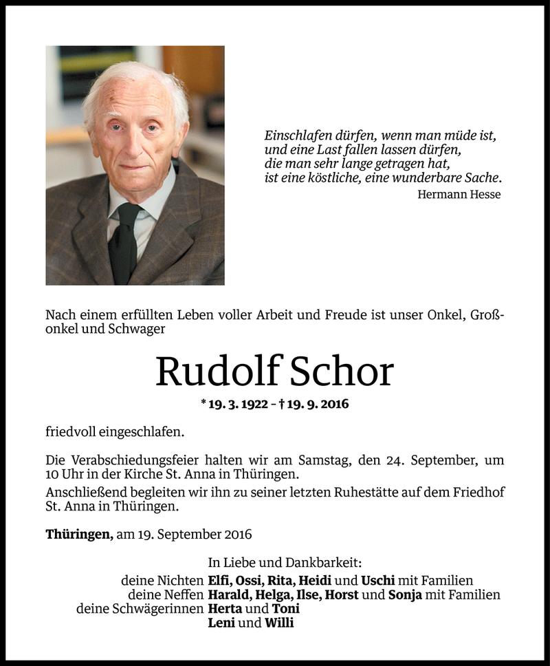  Todesanzeige für Rudolf Schor vom 21.09.2016 aus Vorarlberger Nachrichten