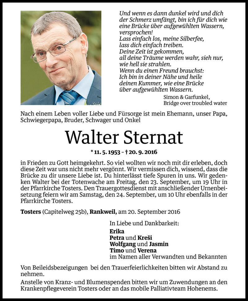  Todesanzeige für Walter Sternat vom 21.09.2016 aus Vorarlberger Nachrichten