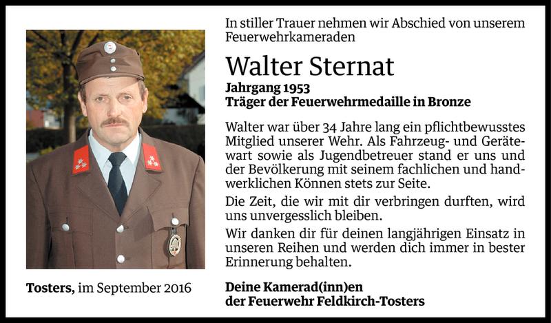  Todesanzeige für Walter Sternat vom 21.09.2016 aus Vorarlberger Nachrichten