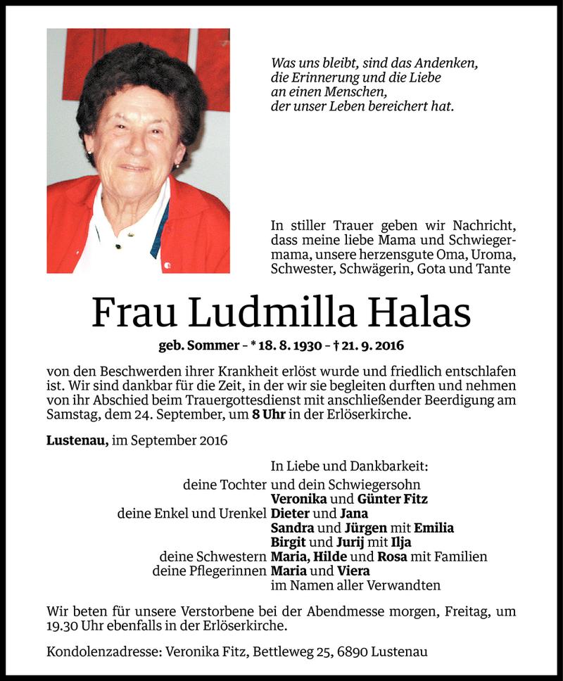  Todesanzeige für Ludmilla Halas vom 21.09.2016 aus Vorarlberger Nachrichten