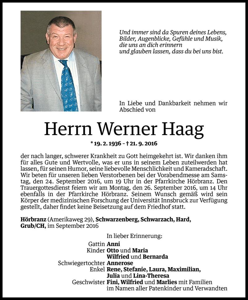  Todesanzeige für Werner Haag vom 22.09.2016 aus Vorarlberger Nachrichten