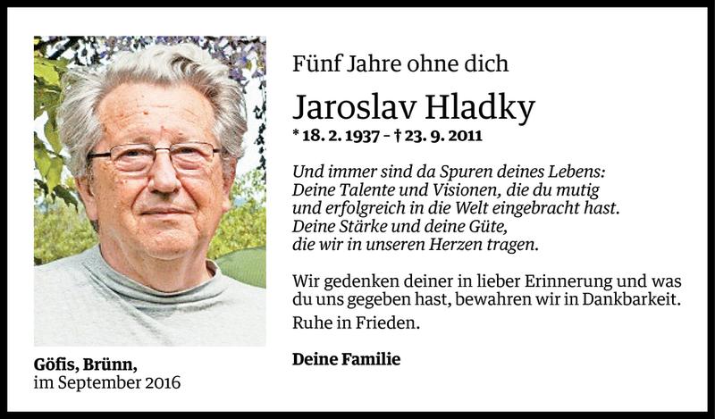  Todesanzeige für Jaroslav Hladky vom 22.09.2016 aus Vorarlberger Nachrichten