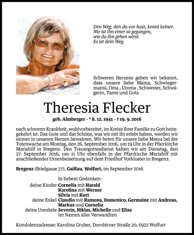  Todesanzeige für Theresia Flecker vom 22.09.2016 aus Vorarlberger Nachrichten