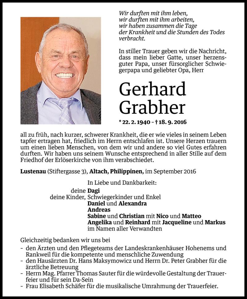  Todesanzeige für Gerhard Grabher vom 22.09.2016 aus Vorarlberger Nachrichten