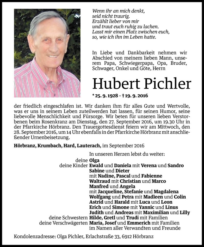  Todesanzeige für Hubert Pichler vom 23.09.2016 aus Vorarlberger Nachrichten