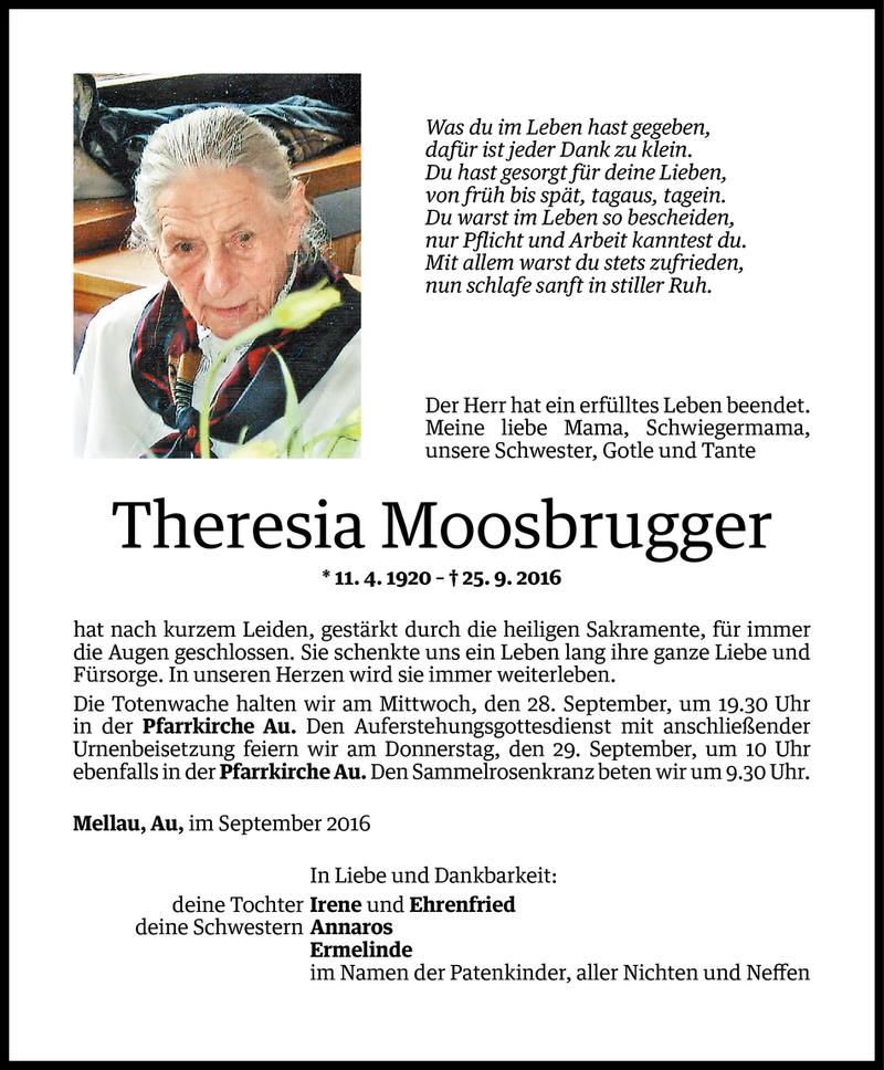  Todesanzeige für Theresia Moosbrugger vom 26.09.2016 aus Vorarlberger Nachrichten