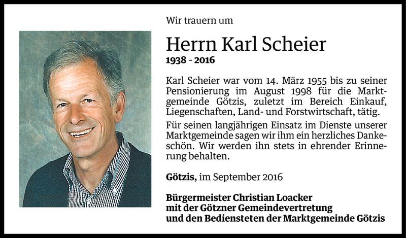  Todesanzeige für Karl Scheier vom 26.09.2016 aus Vorarlberger Nachrichten