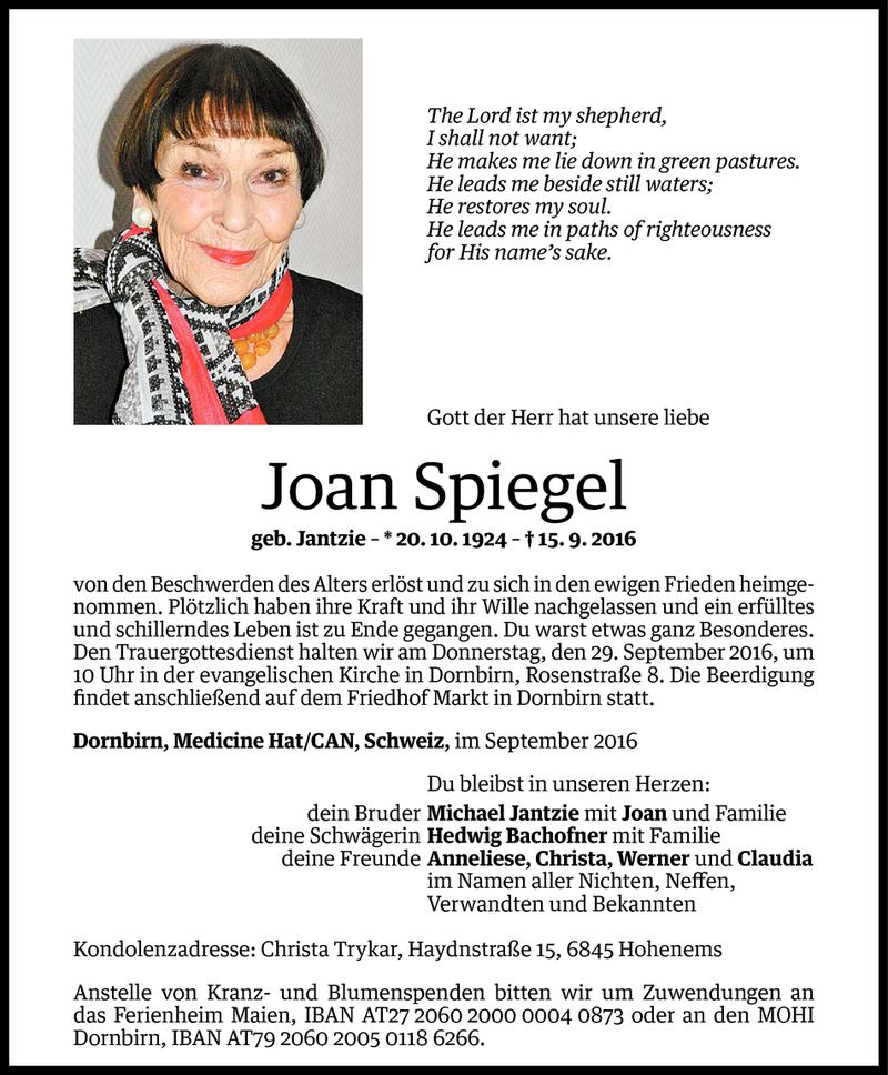  Todesanzeige für Joan Spiegel vom 26.09.2016 aus Vorarlberger Nachrichten