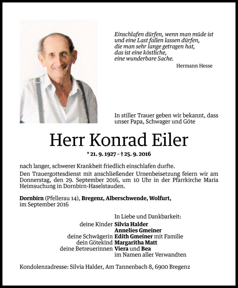  Todesanzeige für Konrad Eiler vom 26.09.2016 aus Vorarlberger Nachrichten