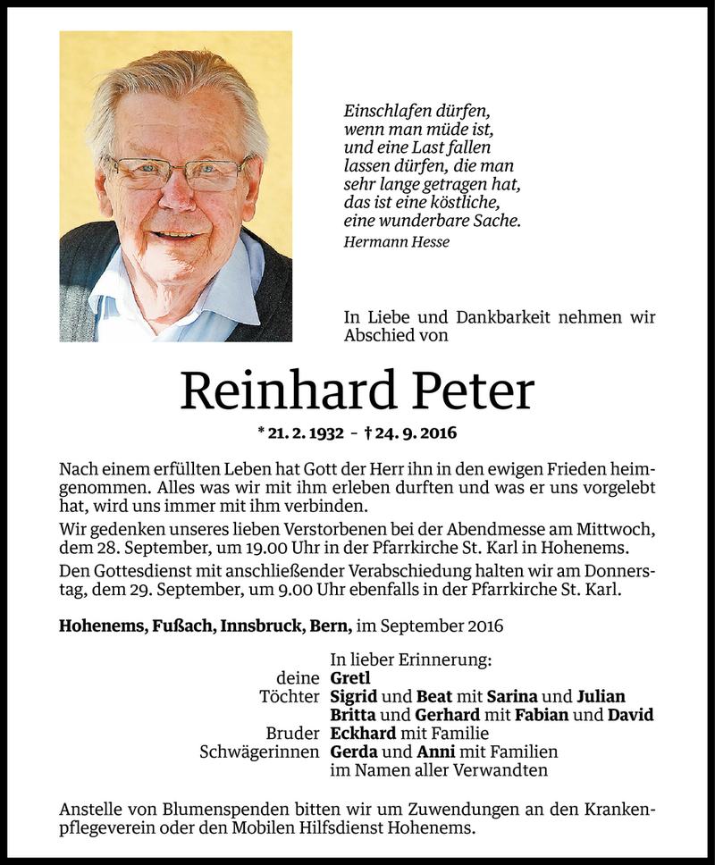  Todesanzeige für Reinhard Peter vom 27.09.2016 aus Vorarlberger Nachrichten