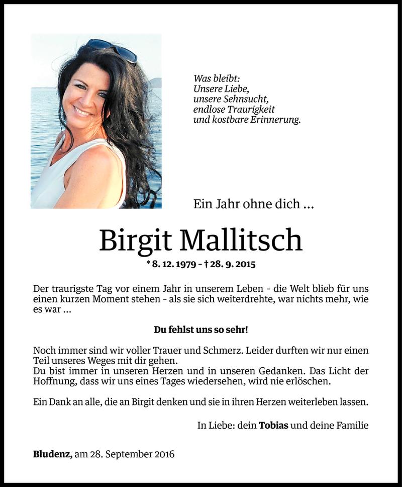  Todesanzeige für Birgit Mallitsch vom 27.09.2016 aus Vorarlberger Nachrichten