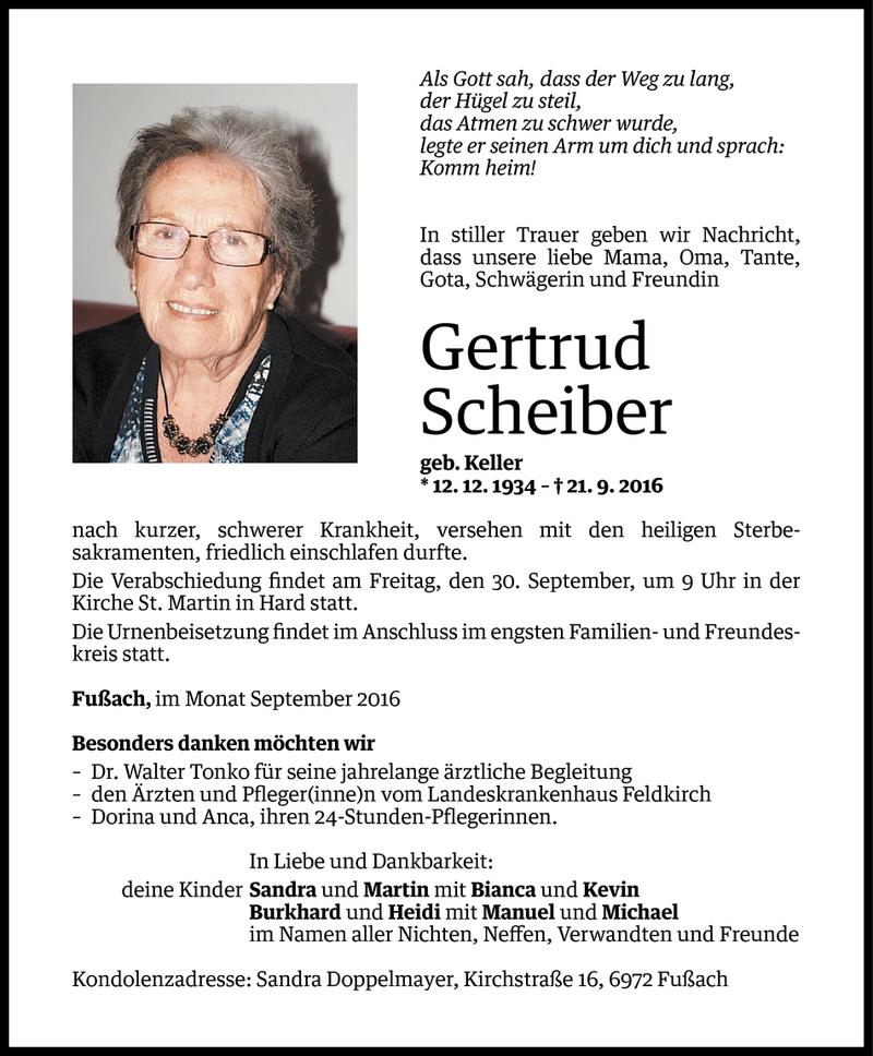  Todesanzeige für Gertrud Scheiber vom 27.09.2016 aus Vorarlberger Nachrichten