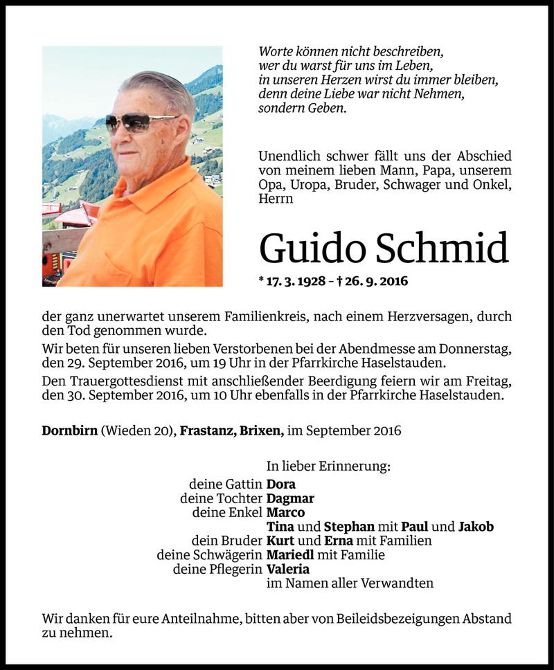  Todesanzeige für Guido Schmid vom 27.09.2016 aus Vorarlberger Nachrichten