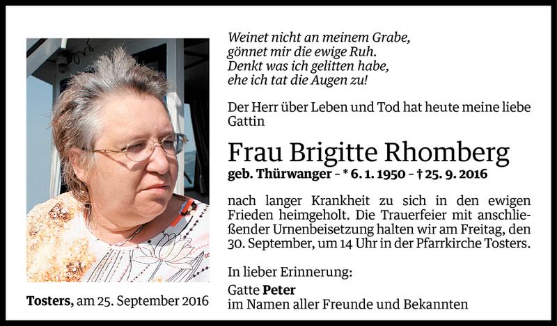  Todesanzeige für Brigitte Rhomberg vom 27.09.2016 aus Vorarlberger Nachrichten