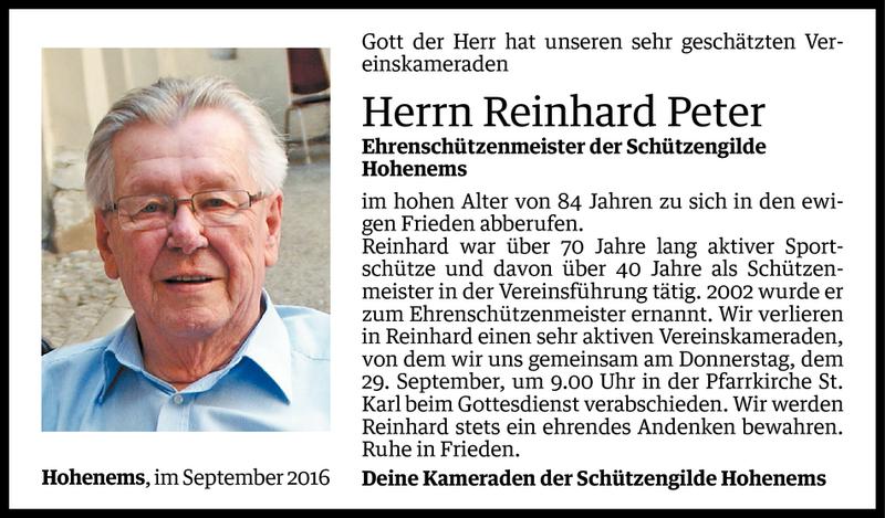  Todesanzeige für Reinhard Peter vom 28.09.2016 aus Vorarlberger Nachrichten