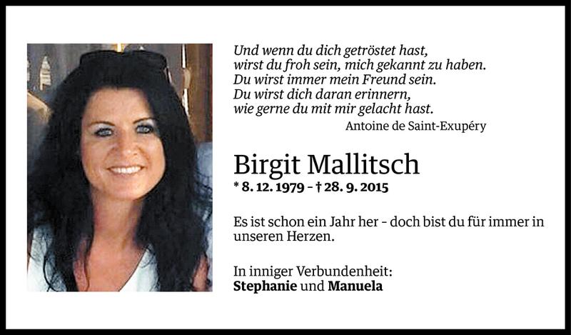  Todesanzeige für Birgit Mallitsch vom 27.09.2016 aus Vorarlberger Nachrichten