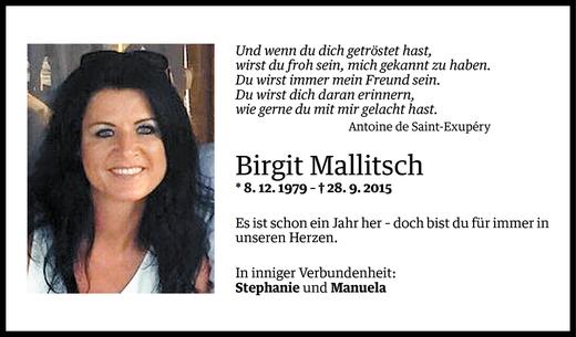 Todesanzeige von Birgit Mallitsch von Vorarlberger Nachrichten