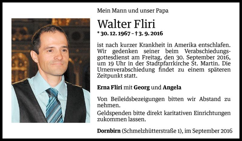  Todesanzeige für Walter Fliri vom 27.09.2016 aus Vorarlberger Nachrichten