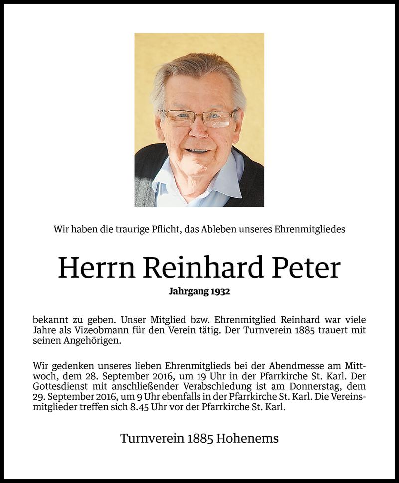  Todesanzeige für Reinhard Peter vom 28.09.2016 aus Vorarlberger Nachrichten