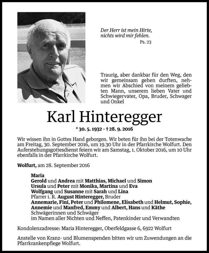  Todesanzeige für Karl Hinteregger vom 28.09.2016 aus Vorarlberger Nachrichten