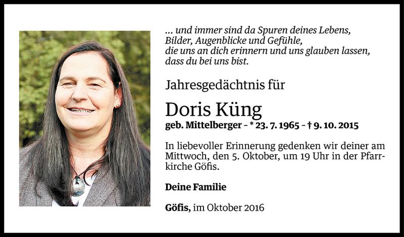  Todesanzeige für Doris Küng vom 30.09.2016 aus Vorarlberger Nachrichten