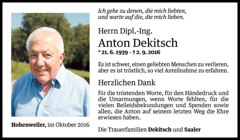  Todesanzeige für Anton Dekitsch vom 30.09.2016 aus Vorarlberger Nachrichten