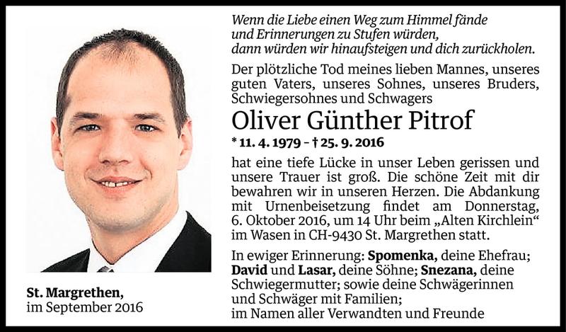  Todesanzeige für Oliver Günther Pitrof vom 04.10.2016 aus Vorarlberger Nachrichten