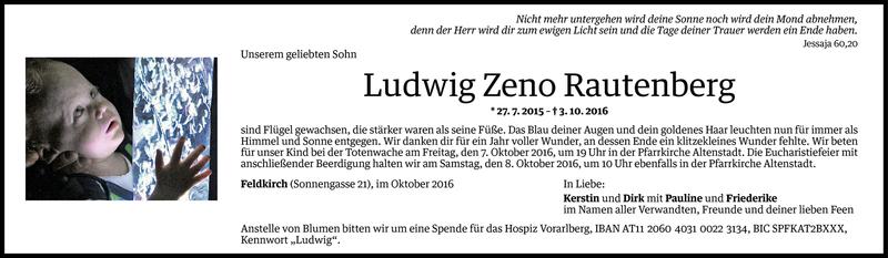  Todesanzeige für Ludwig Zeno Rautenberg vom 04.10.2016 aus Vorarlberger Nachrichten