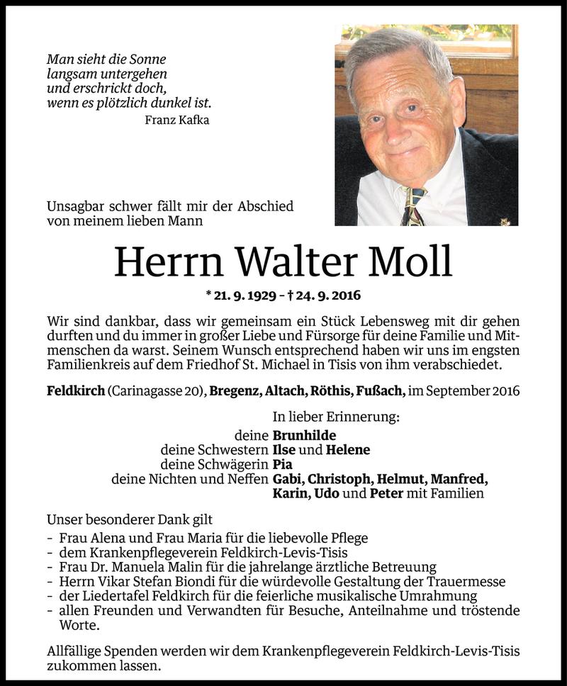  Todesanzeige für Walter Moll vom 08.10.2016 aus Vorarlberger Nachrichten