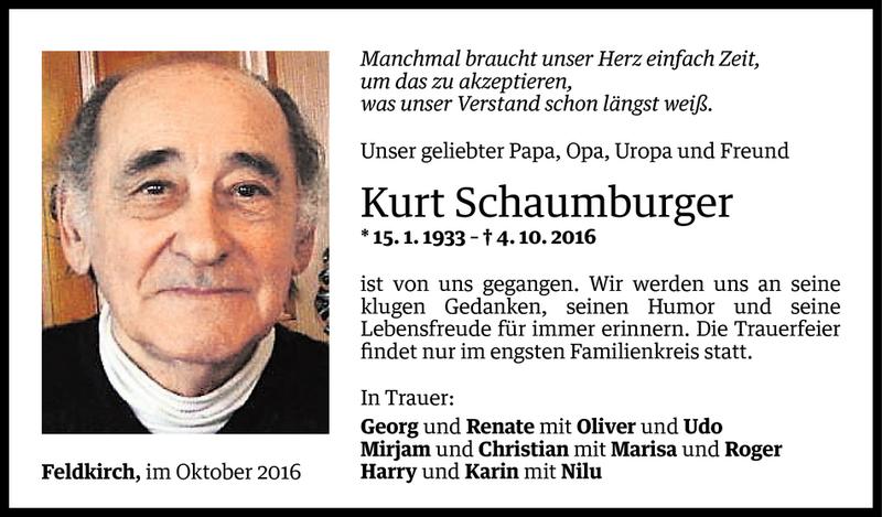  Todesanzeige für Kurt Schaumburger vom 07.10.2016 aus Vorarlberger Nachrichten