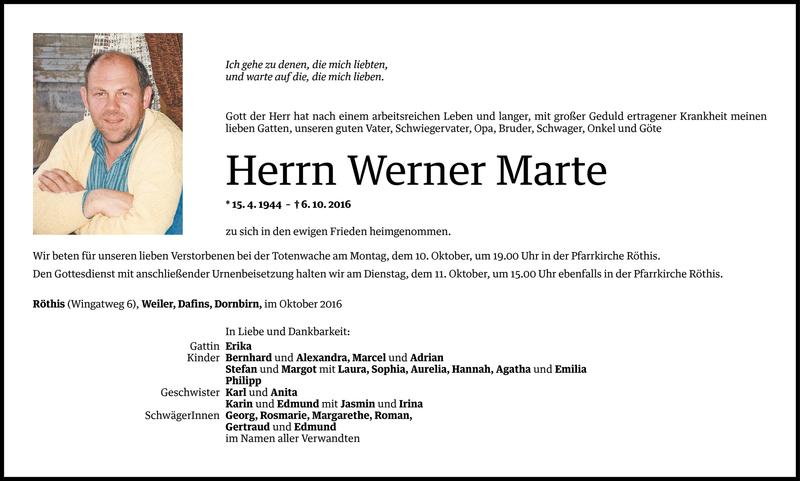  Todesanzeige für Werner Marte vom 08.10.2016 aus Vorarlberger Nachrichten