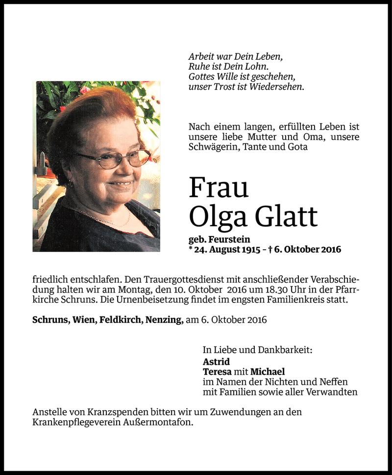  Todesanzeige für Olga Glatt vom 07.10.2016 aus Vorarlberger Nachrichten