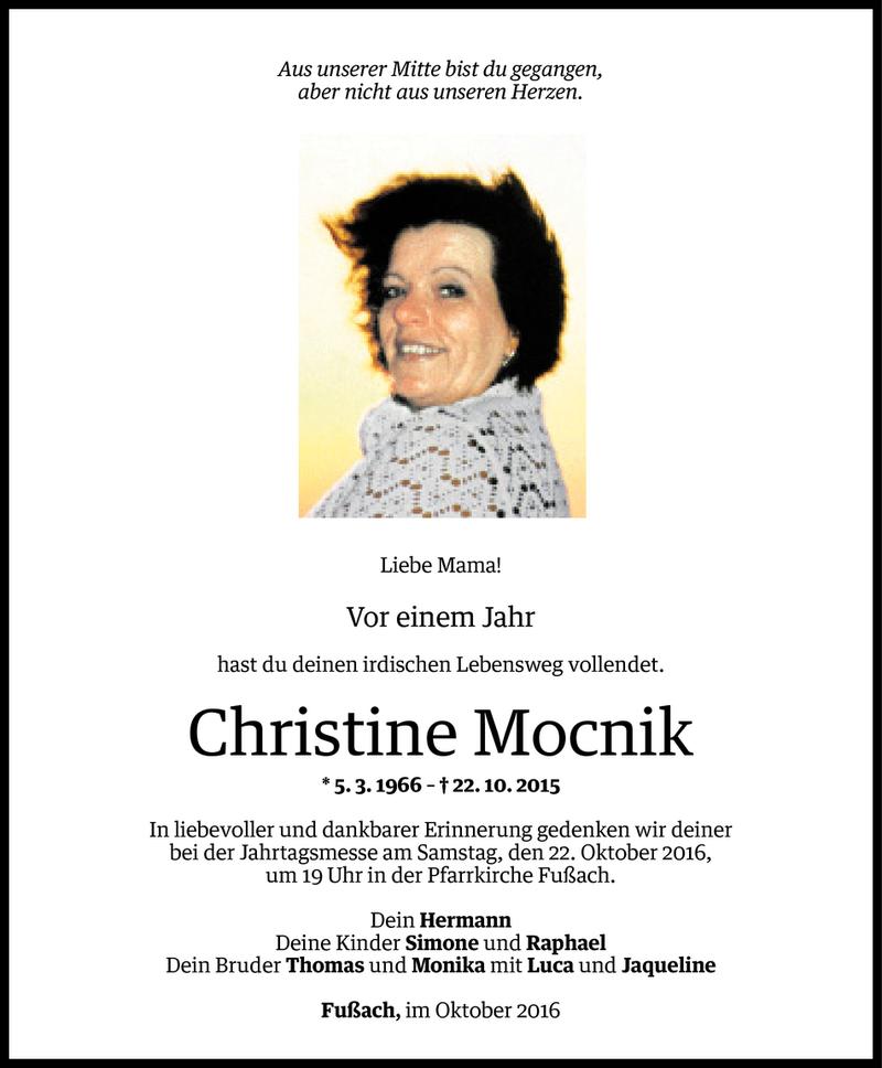  Todesanzeige für Christine Mocnik vom 21.10.2016 aus Vorarlberger Nachrichten