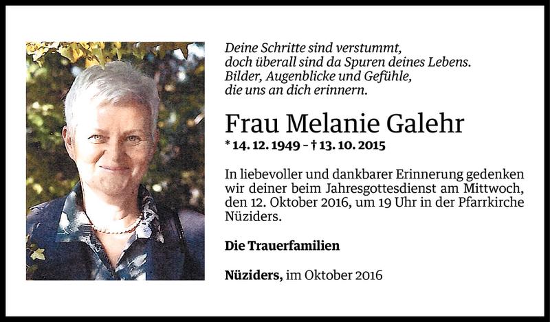  Todesanzeige für Melanie Galehr vom 09.10.2016 aus Vorarlberger Nachrichten