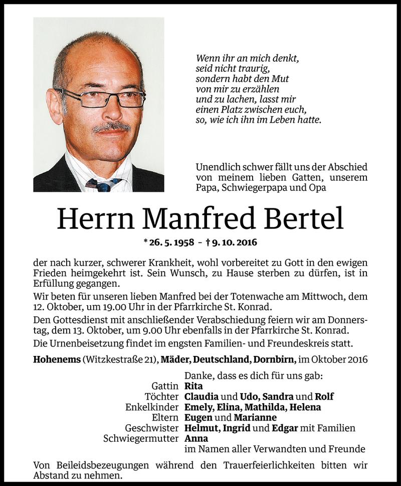  Todesanzeige für Manfred Bertel vom 11.10.2016 aus Vorarlberger Nachrichten